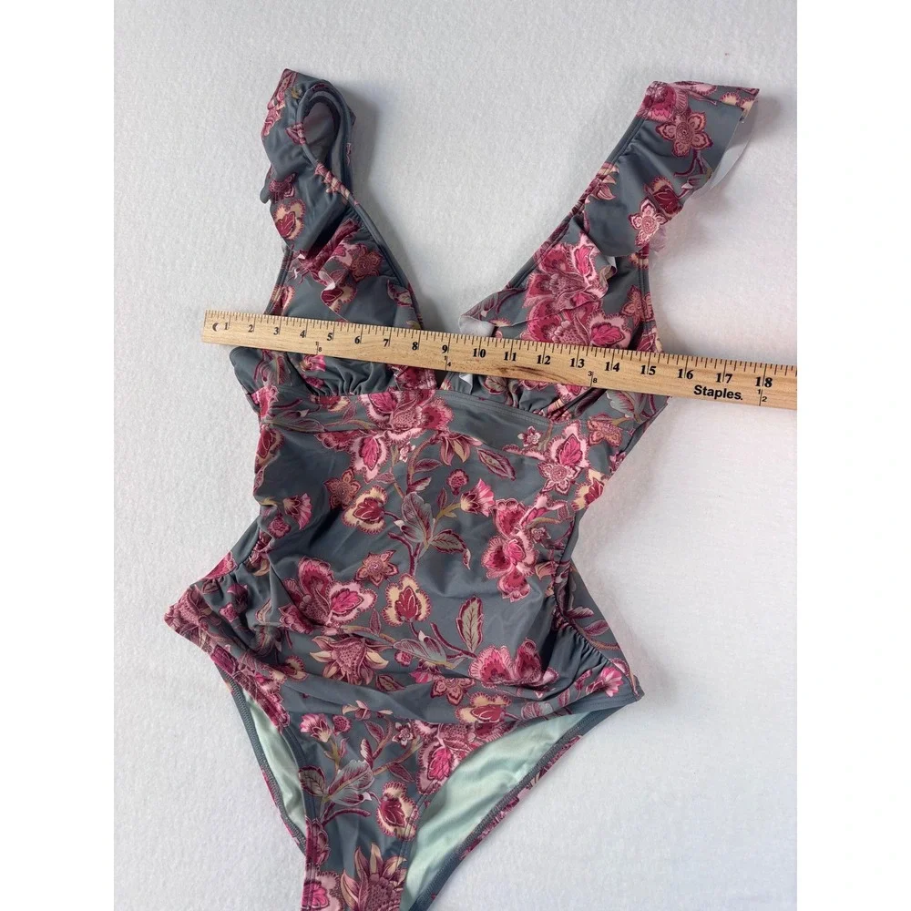 Floral‎ Ruffle V-Neck One Piece Swimsuit Gray Pink Lace Up Back Size Medium NWOT